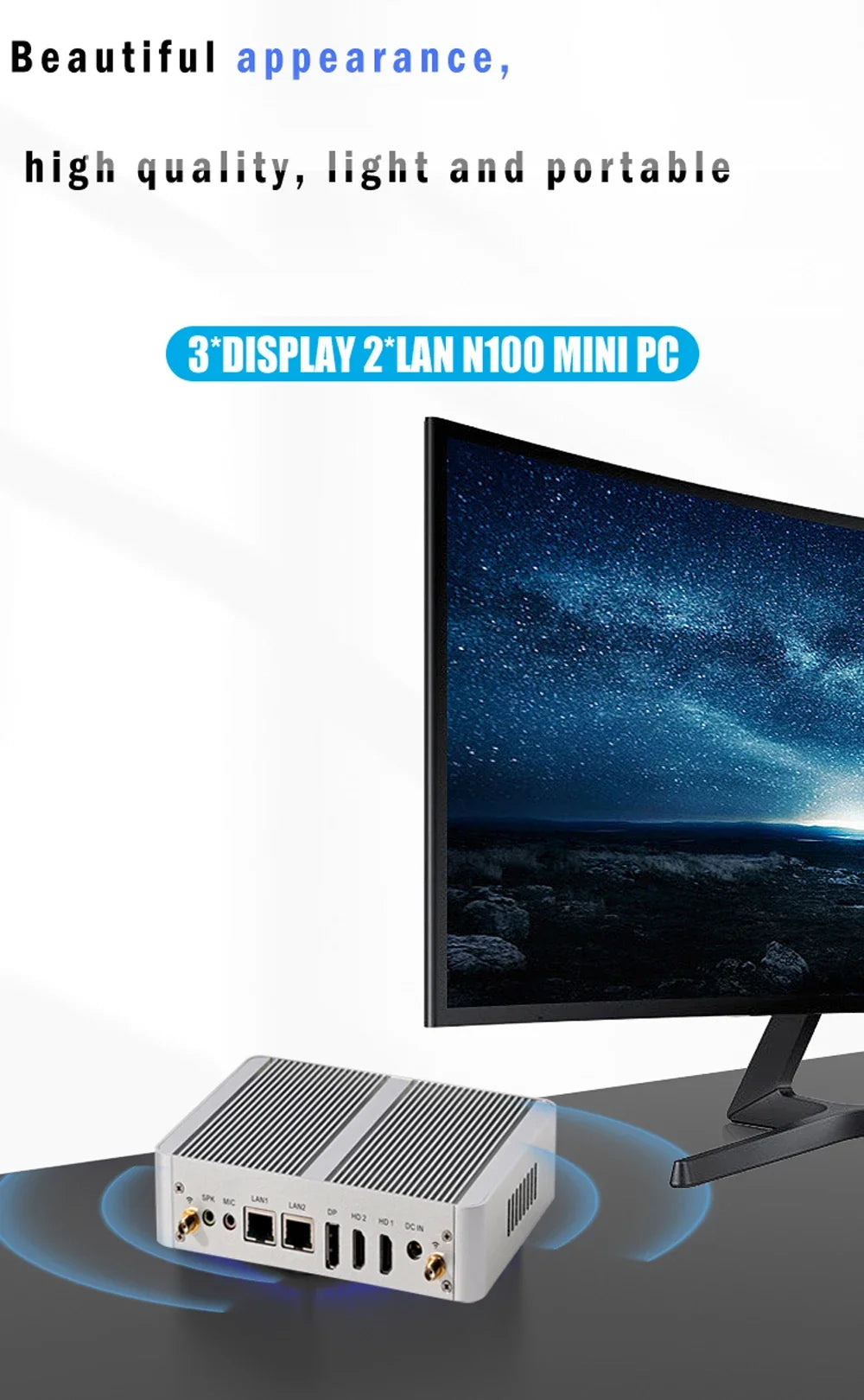 Fanless Mini PC 12th gen Intel Celeron N100 Desktop Gaming Computer DDR4 Support wifi6 3*Screen 2*HDMI 1*DP Windows11 2*LAN