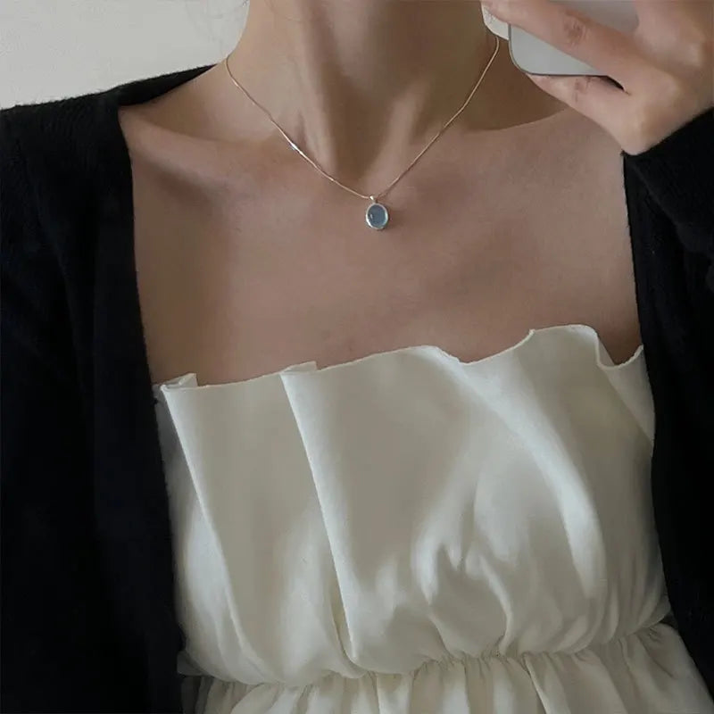 CHOZON S925 Sterling Silver Natural Moonstone Aquamarine Necklace New Product Unique Design Oval Natural Stone Snake Bone Chain