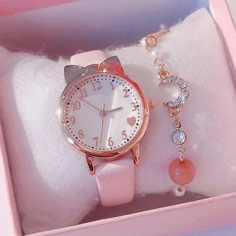 Fashion Adults Kids Love Digital Dial Children Watch Set Leather Strap Quartz Watches Kid Girls Clock Children Gift Watch