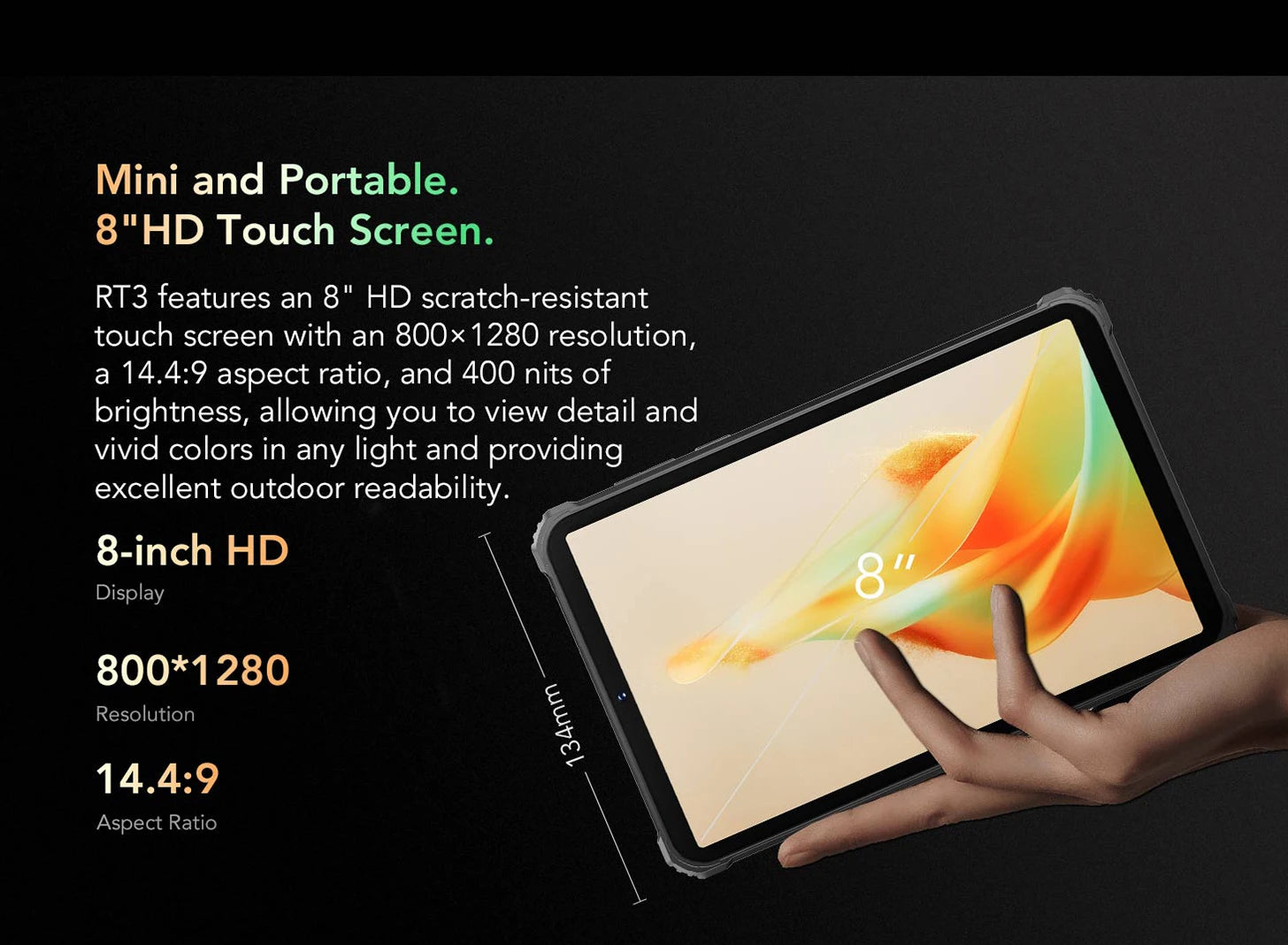 Oukitel RT3 Rugged Tablet 8 Inch HD+ 5150 mAh 4GB+64GB Android 12 Mtk Helio P22 16MP Camera Pad