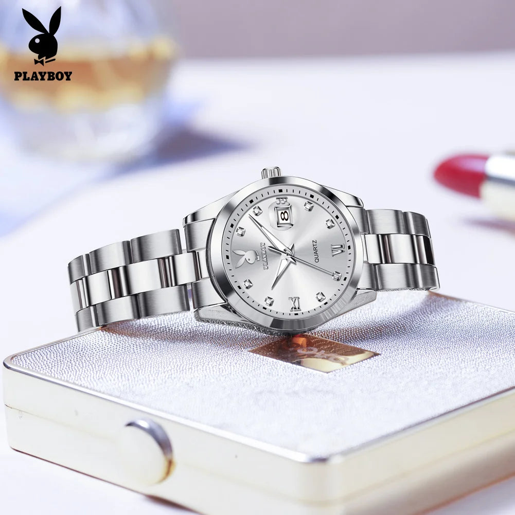 PLAYBOY New Original Luxury Women Watch Waterproof Calendar Luminous Stainless Steel Elegant Fashion Quartz Women's Wristwatch