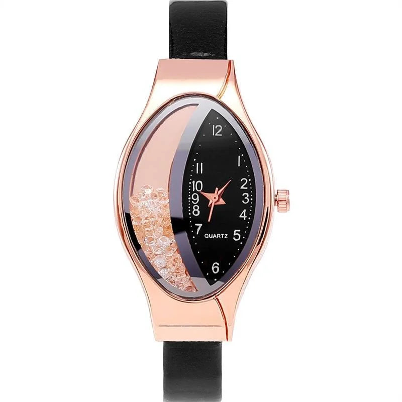 Elegant Women Crystal Oval Dial Quartz Wrist Watches Lady Leather Strap  Casual Watch Gift
