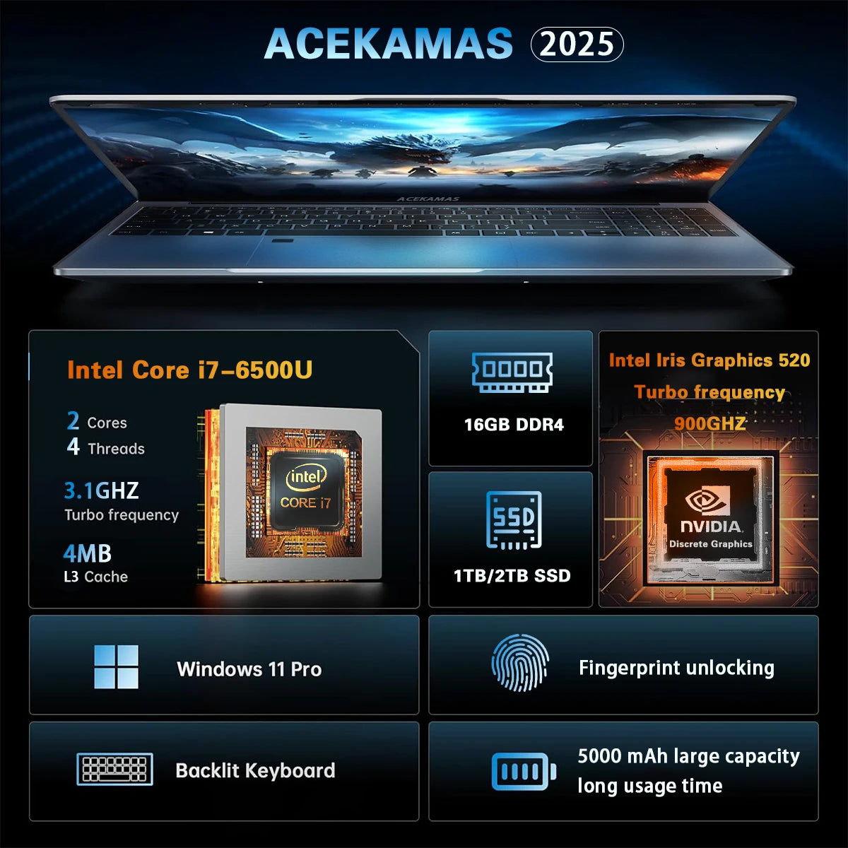 ACEKAMAS 15.6" Portable Laptop Computer Intel Core i7 6500U i3 6100U Windows 11 Pro 16GB DDR4 1TB SSD Notebook PC Gaming Laptops