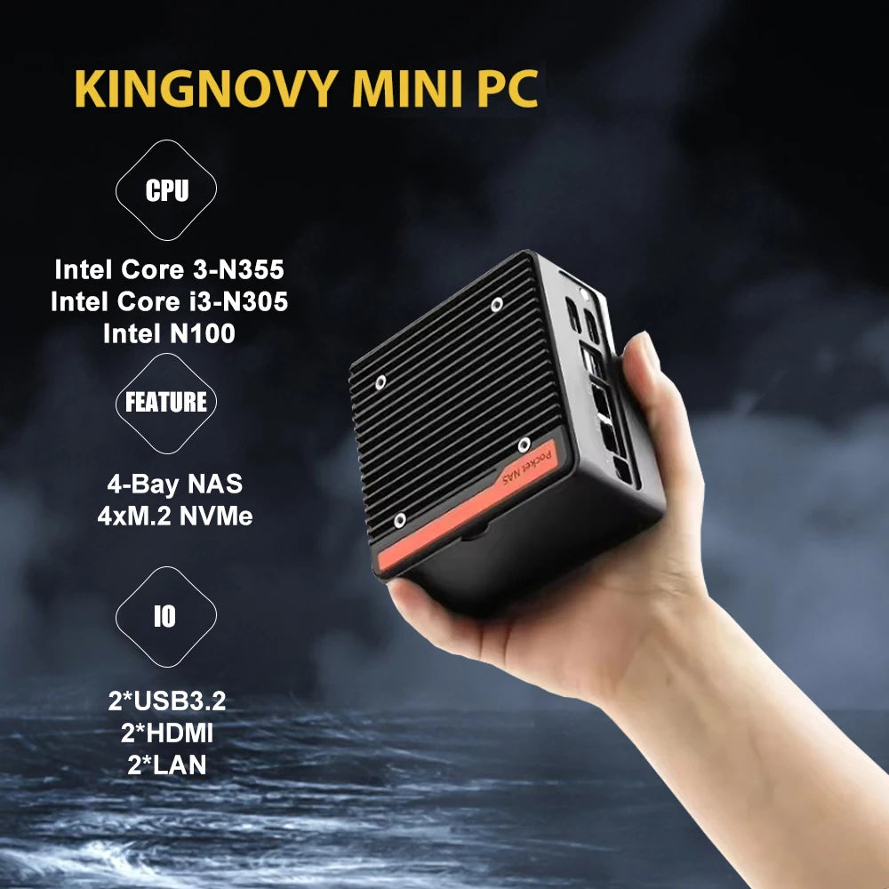 Hot 4 x NVMe Mini NAS Server 4 Bay NAS N100 3 N355 Pocket PC with Dual LAN,Dual HDMI 2.0,USB3.2 Gen2,Support BT5.4/WiFi6/WiFi7