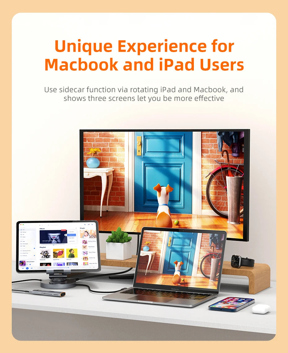 CABLETIME 8 in 1 Multi USB C Hub with 360 Rotating Stand HDMI 4K 60Hz PD 100W USB 5Gbps SD TF Aux 3.5mm for iPad Pro Tablet C441