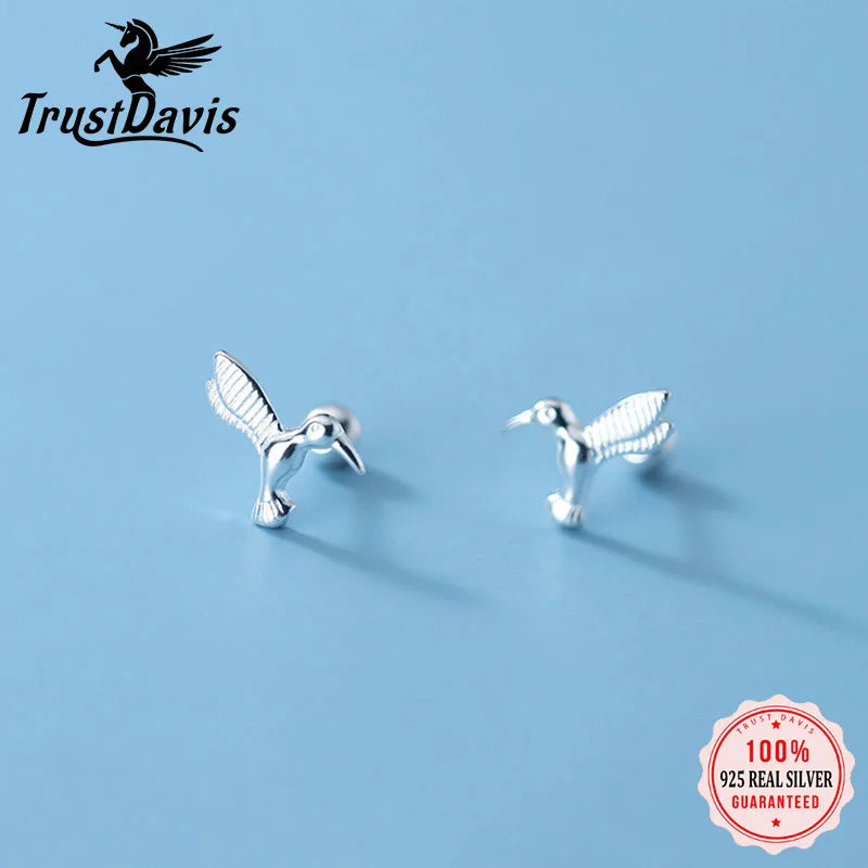 Trustdavis Real 925 Sterling Silver Fashion Sweet Animal Birds Screw Stud Earring For Women Wedding Party Fine Jewelry DB1141
