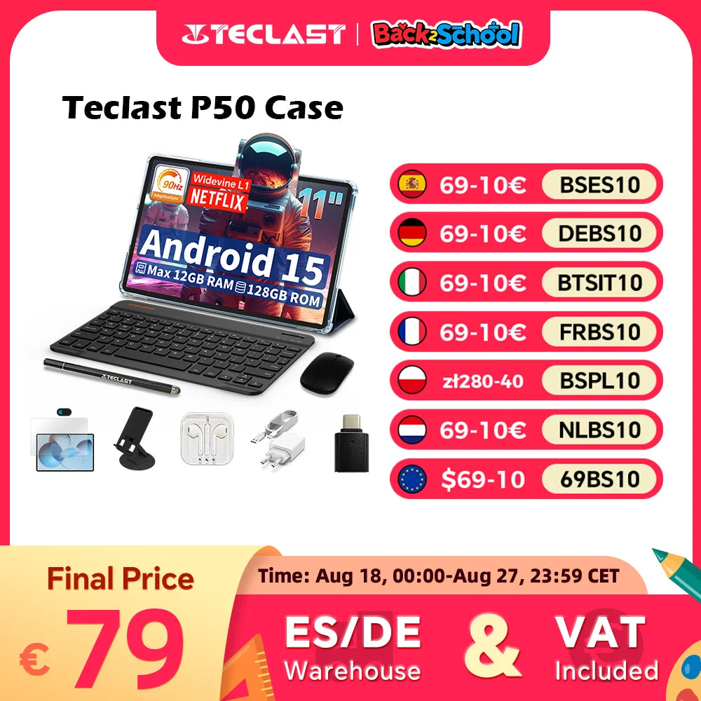 Teclast P50 Case Android 15 Tablet 11" 90Hz Max 12Gb (4Gb+8Gb Expansion) Ram 128 Gb Rom T606 8-Core Widevine L1 7000Mah Type-C