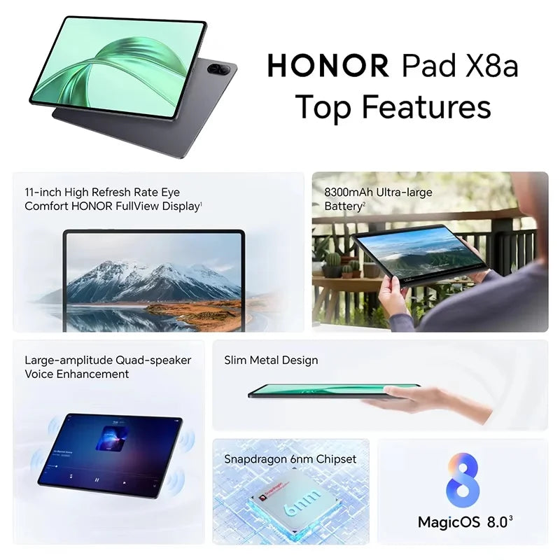 HONOR Pad X8a Tablet WIFI Global Version 4GB 128 GB 11inch 90 Hz Display 8300 mAhBattery Snapdragon 680 Android 14 WiFi Tablet