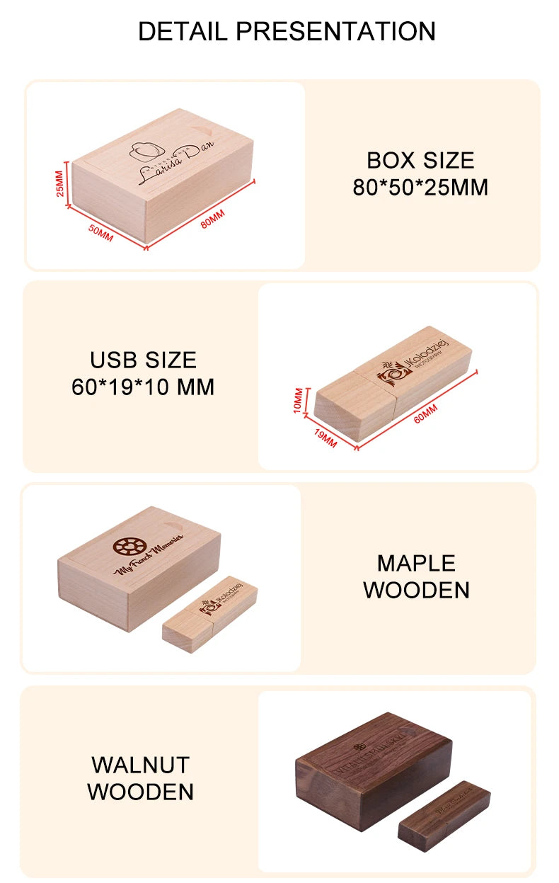 JASTER Free custom logo Photography wooden with box USB 2.0 Flash Drives64GB 32GB 16GB 8GB 4GB Memory stick Business gift U disk