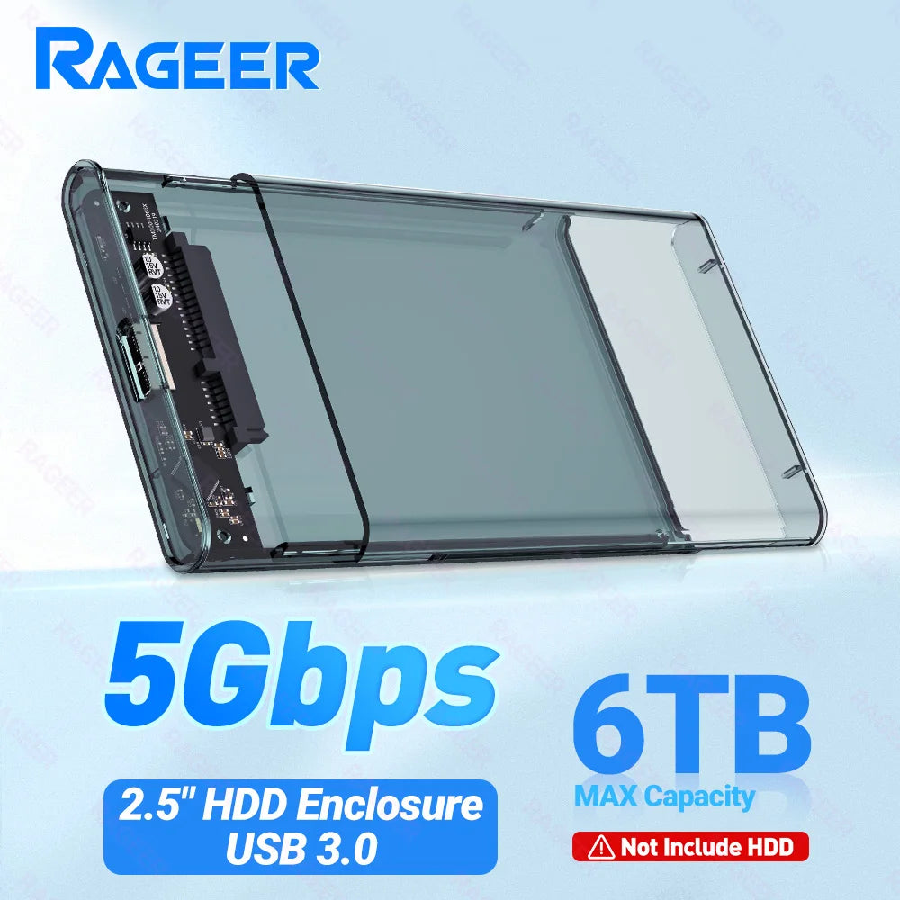 RAGEER Tool-Free Transparent Gray 2.5'' External Hard Drive Enclosure USB to SATA III 5Gbps HDD Case for 7mm/9.5mm Drives w/UASP