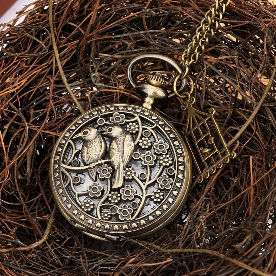 Bronze Butterfly and Flower Retro Style Necklace Pocket Watch Chain Steampunk Pendant Quartz Fob Watch Clock with Accessory 2020