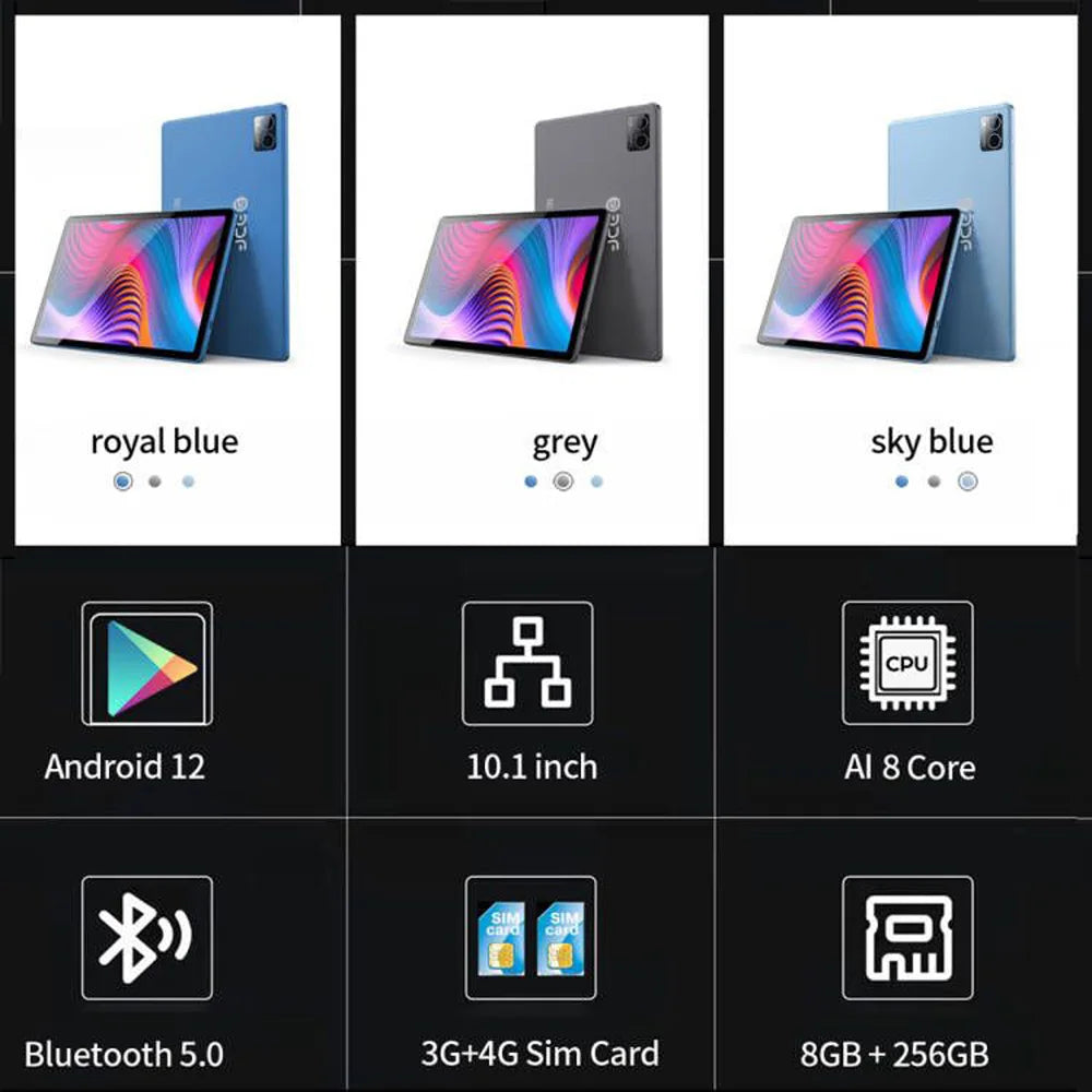 Original BDF Tablet Pc 10.1 Inch 8GB RAM 256GB ROM Android 12 Octa Core 3G 4G LTE Internet WiFi Internet BT Global Version