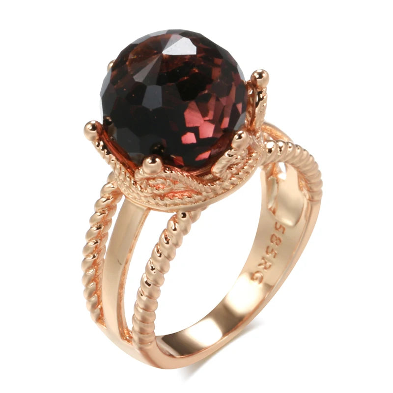 New Unusual 585 Rose Gold Crown Ring for Women Cut Emeral Ball Natural Zircon Ring Elegant Party Wedding Fine Jewelry