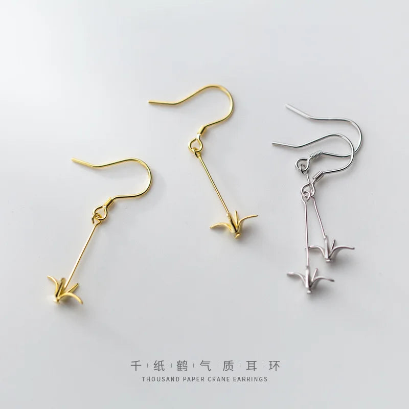 Trustdavis 925 Sterling Silver Lovely Paper Crane Sweet Long Dangle Earrings For Women Girl Lady Fashion Silver 925 Jewelry DT53