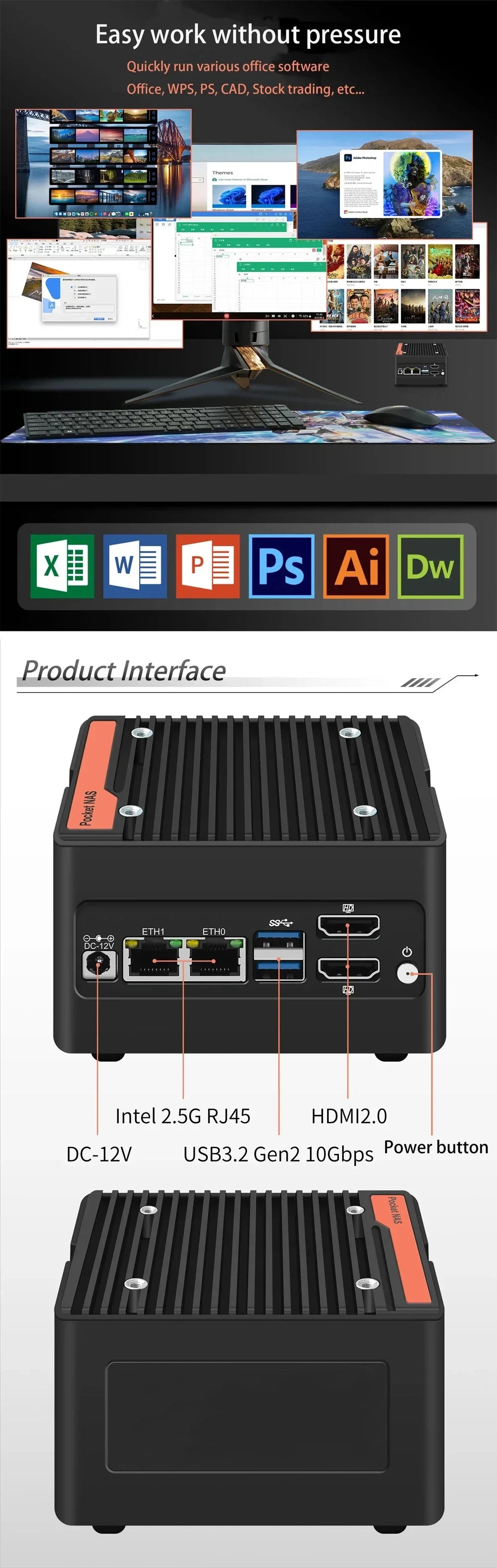 Hot 4 x NVMe Mini NAS Server 4 Bay NAS N100 3 N355 Pocket PC with Dual LAN,Dual HDMI 2.0,USB3.2 Gen2,Support BT5.4/WiFi6/WiFi7
