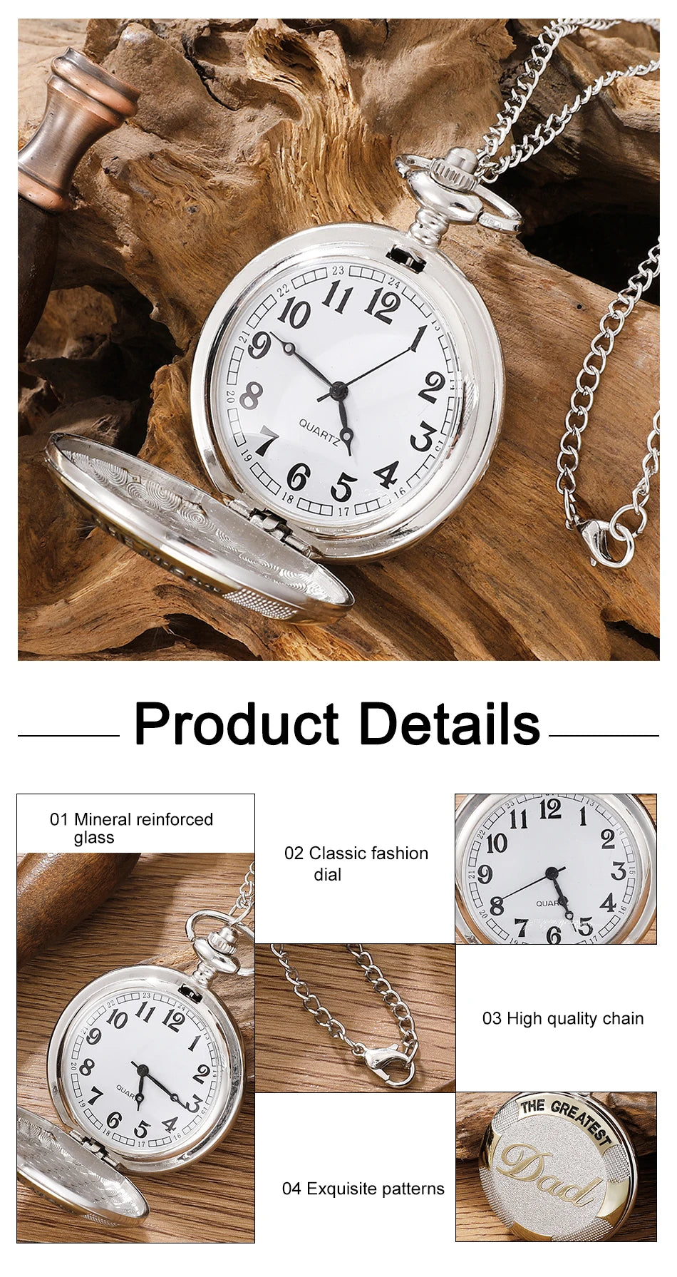 Vintage Silver Golden Luxury THE GREATEST DAD Quartz Pocket Watch Fob Chain Necklace Mens Fathers Gifts Clock Relogio De Bolso
