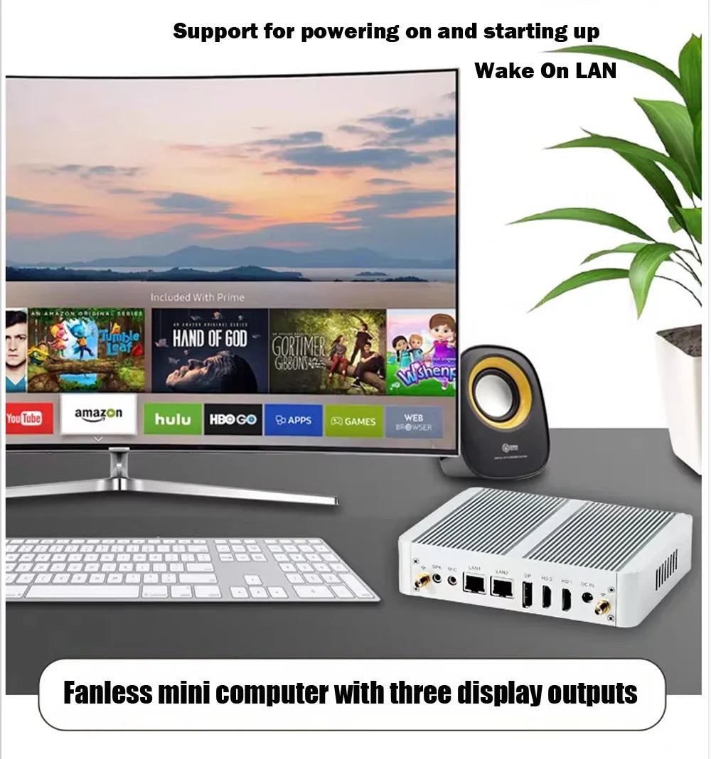 Fanless Mini PC 12th gen Intel Celeron N100 Desktop Gaming Computer DDR4 Support wifi6 3*Screen 2*HDMI 1*DP Windows11 2*LAN