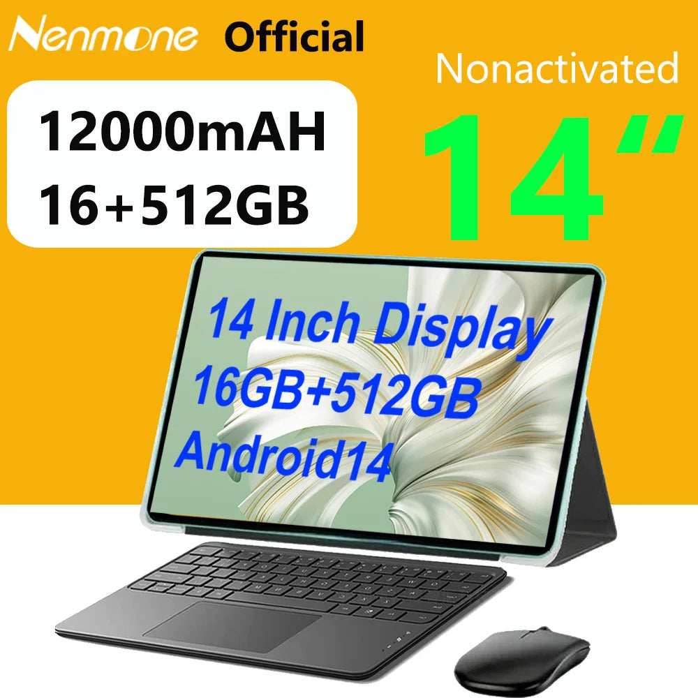 Nenmone Mpad15 Real 14" FHD Display Android 14 Tablet 14 Inch 4G LTE Unisoc T616 Octa Core 16GB RAM 512GB ROM 12000mAh Battery