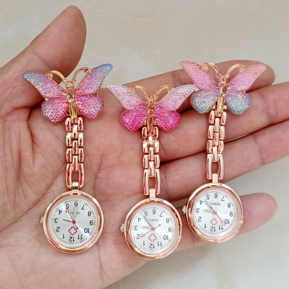 Colourful Resin Butterfly Rose Gold Alloy Small Pins Pocket Watches Nurse Doctor Hospital Medial Transparent Gift Watches Clock