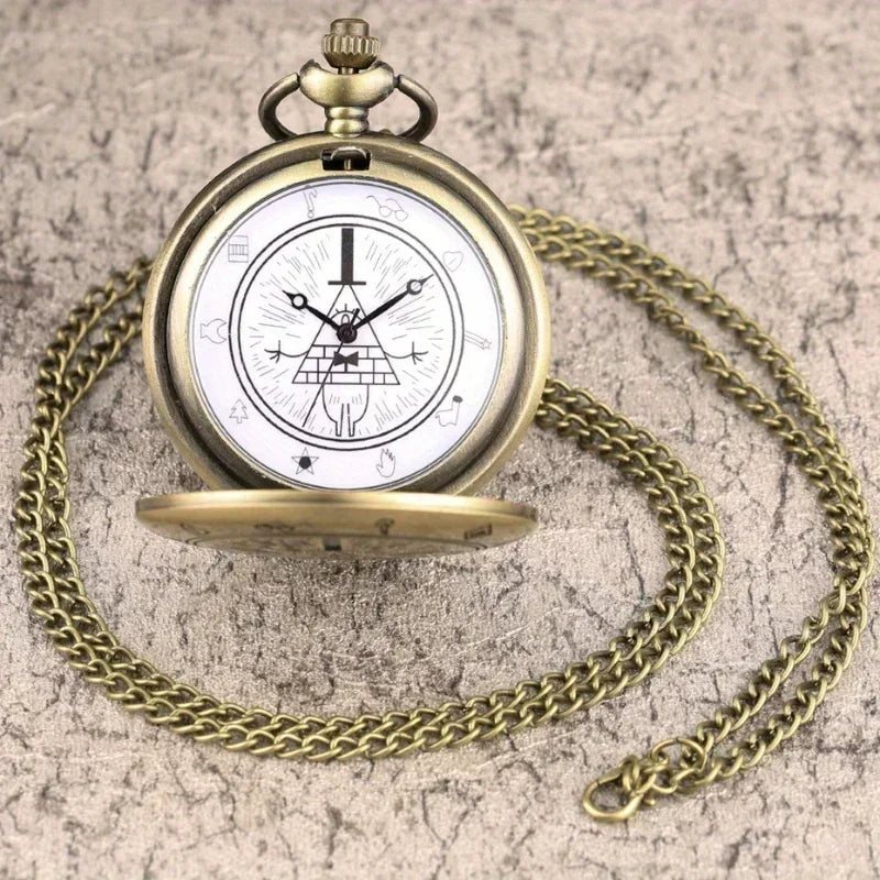 Vintage Bronze Bill Cipher Quartz Pocket Watch Pendant Necklace - Perfect Gift for Women!
