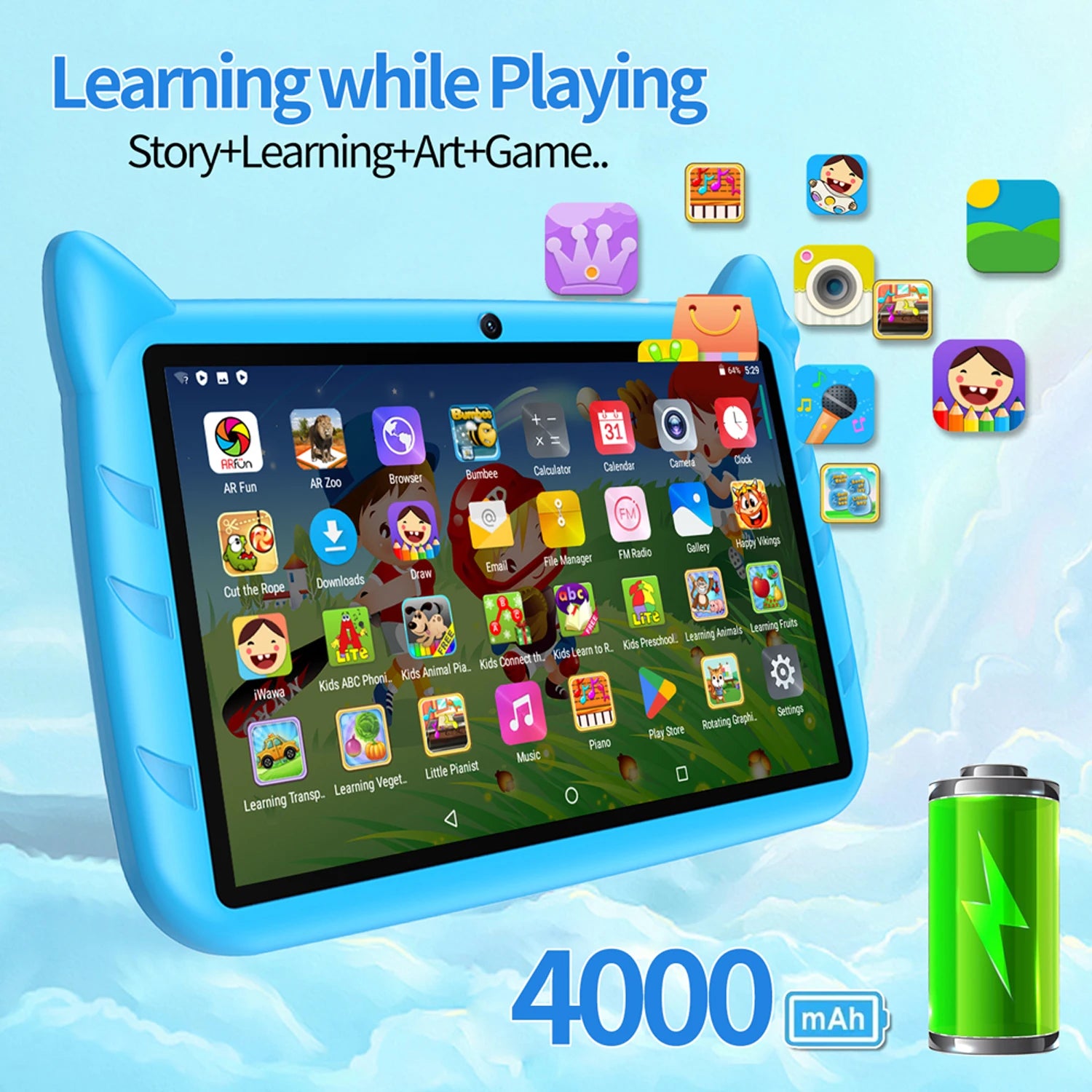 New 7" Kids Tablet with Cartoon Pattern Quad Core 4GB+64GB ROM Bluetooth 5G WiFi Learning Education Game Children's Gift