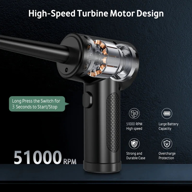 Compressed Air Dust Collector - Mini Hair Dryer - Keyboard Cleaner - 51000Turn/Minutes - Refillable Air Canister - 2000mAhRechar