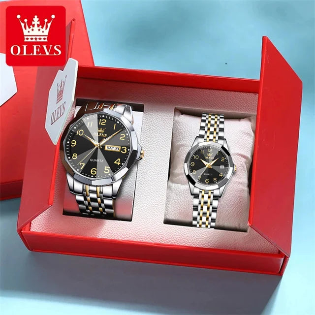OLEVS 9970 Luxury Couple Watch Men Women Stainless Steel Waterproof Calendar Wristwatch Digital Dial Rhombus Mirror Lovers Watch