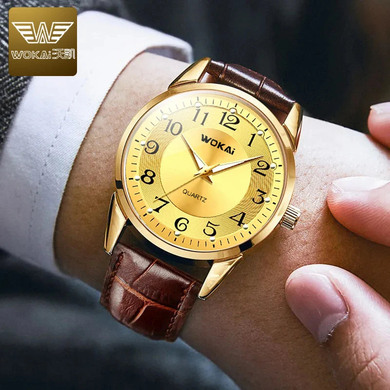 WOKAI high quality fashion casual yellow gold men's leather belt quartz watch men's business sports digital clock retro