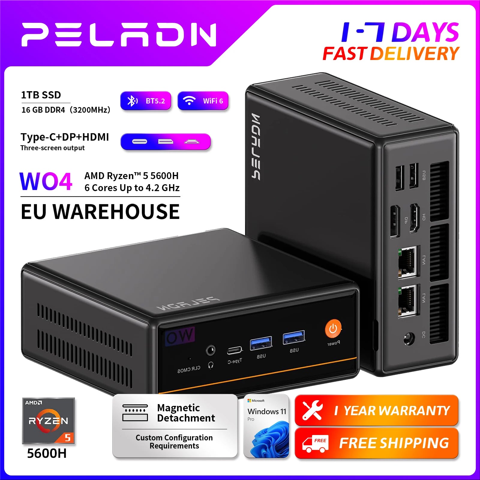 PELADN WO-4 Gaming Mini PC, AMD Ryzen 5 5600H (6C/12T, up to 4.2Ghz),32GB DDR4/1TB SSD,Type-C/DP/HD,WiFi6 4K/60Hz Triple-Display