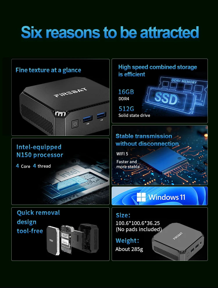 FIREBAT T2 Mini PC Gamer Intel N150 CPU Windows 11 Mini PC Gaming DDR4 16GB RAM 512GB SSD WIFI5 BT4.2 Desktop Computer minipc