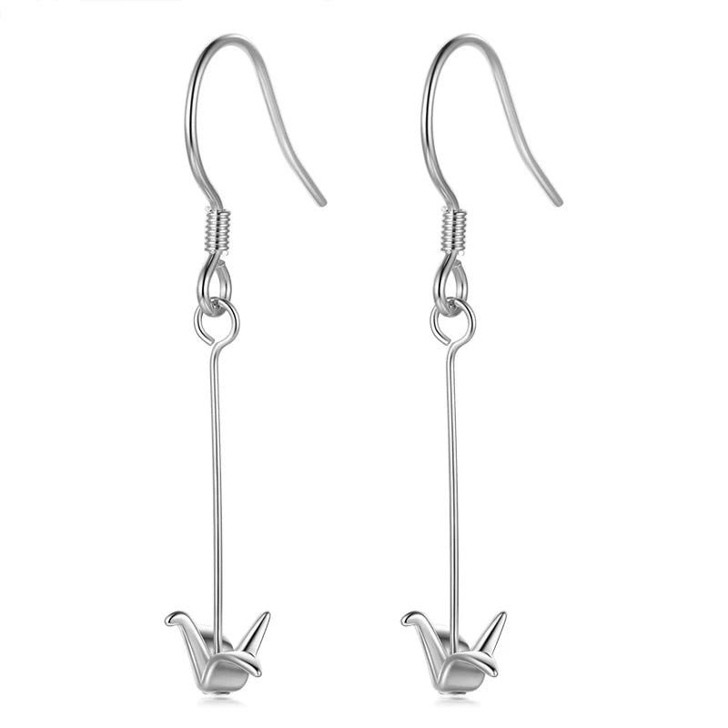 Trustdavis 925 Sterling Silver Lovely Paper Crane Sweet Long Dangle Earrings For Women Girl Lady Fashion Silver 925 Jewelry DT53