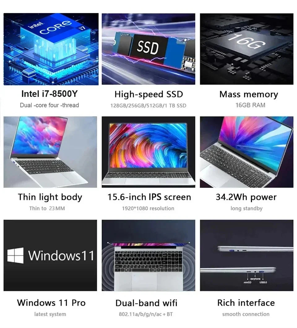 15.6" Intel Core i7 8500Y Windows 11 Pro Laptops Fingerprint unlock 16GB RAM 1TB SSD Office Gamer Study notebook Computer PC
