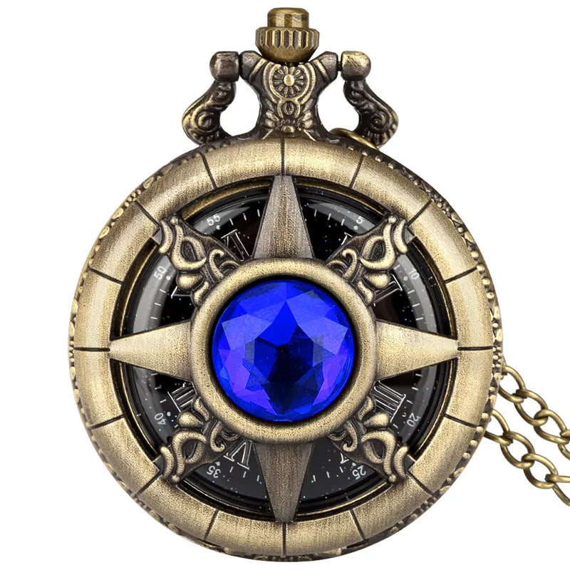 Exquisite Emerald-green Stone Bronze Case Quartz Pocket Watch Simple White Dial Chain Clock Necklace Pendant Watch for Men Women