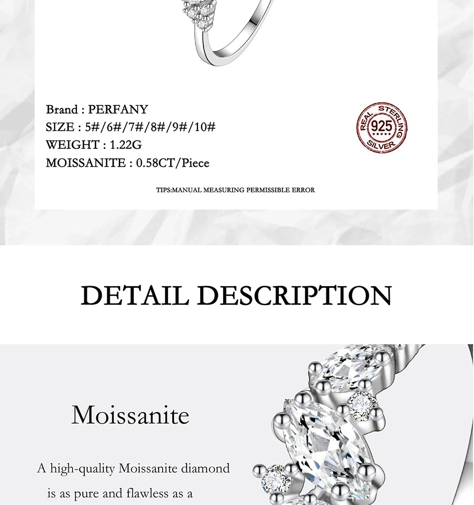 PERFANY 0.58CT Marquise Cut Moissanite Women's Ring S925 Pure Silver Laboratory Cultivated Diamond Fashion Design Jewelry