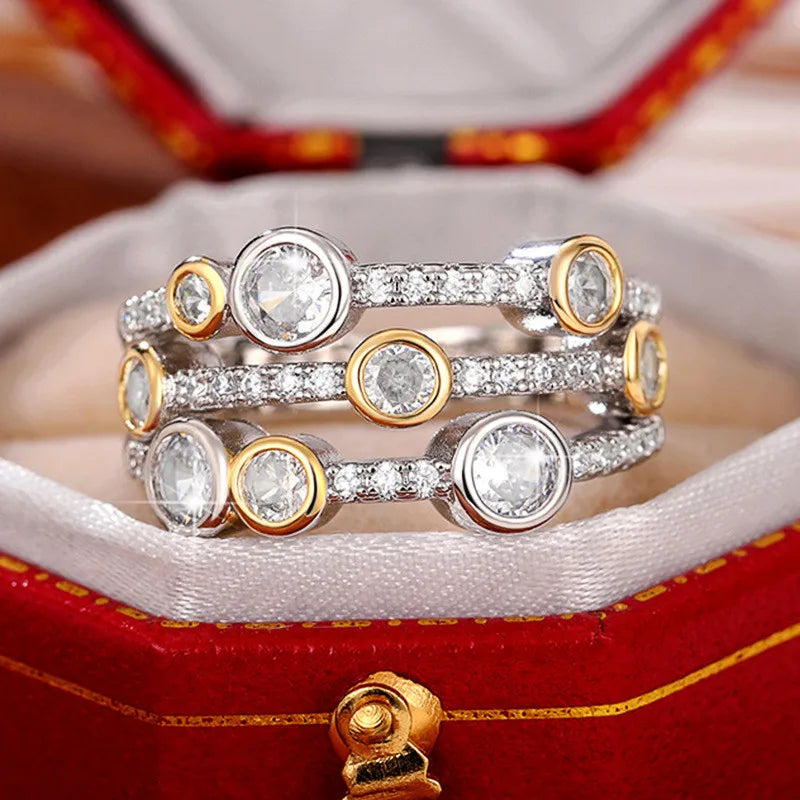925 Sterling Silver Two Tone Three Line Rings Women Full Paved CZ Sparkling Female Wedding Bands Rings Fashion New Jewelry