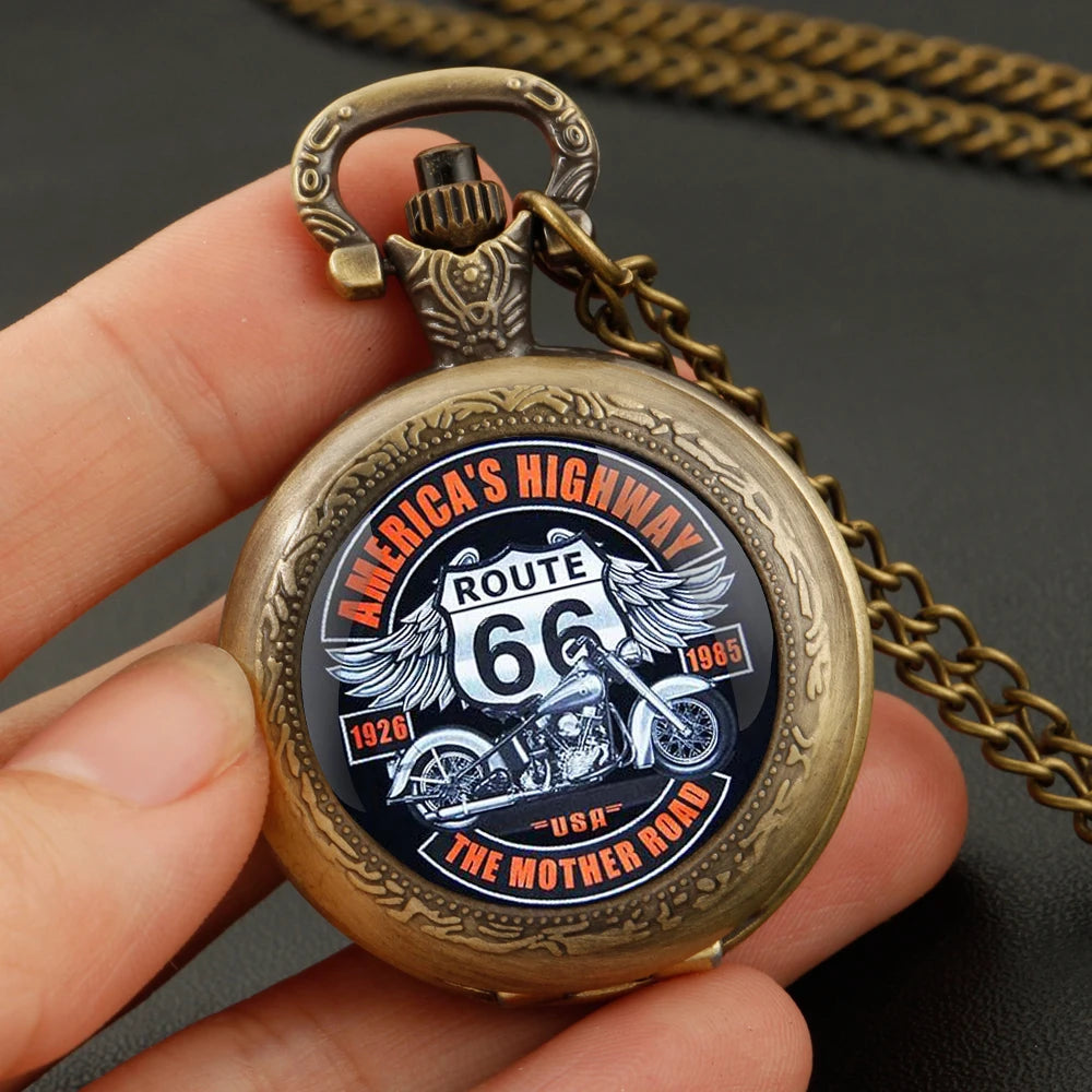 ROUTE 66 Glass Dome Black Quartz Pocket Watch with Arabic Numerals Dial and Durable Chain Gift for Men Women
