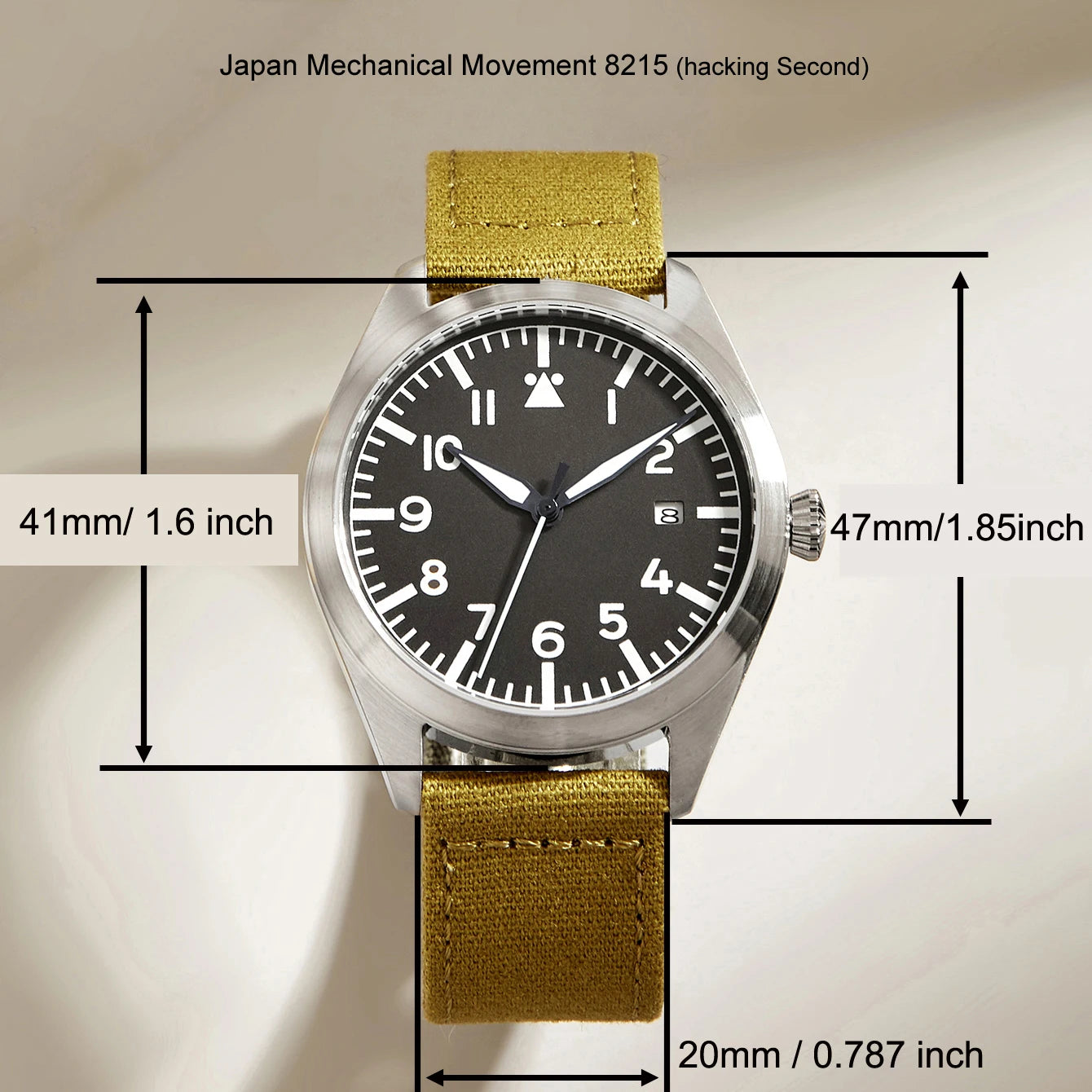 Mechanical Watches Canvas Flieger Aviator Pilot Wristwatch Olive Green Arrow WWII German WW2 Automatic Movement  Japan Sapphire