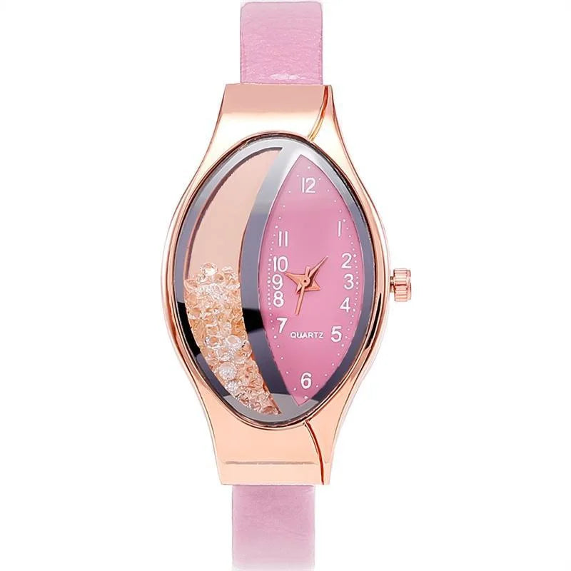 Elegant Women Crystal Oval Dial Quartz Wrist Watches Lady Leather Strap  Casual Watch Gift