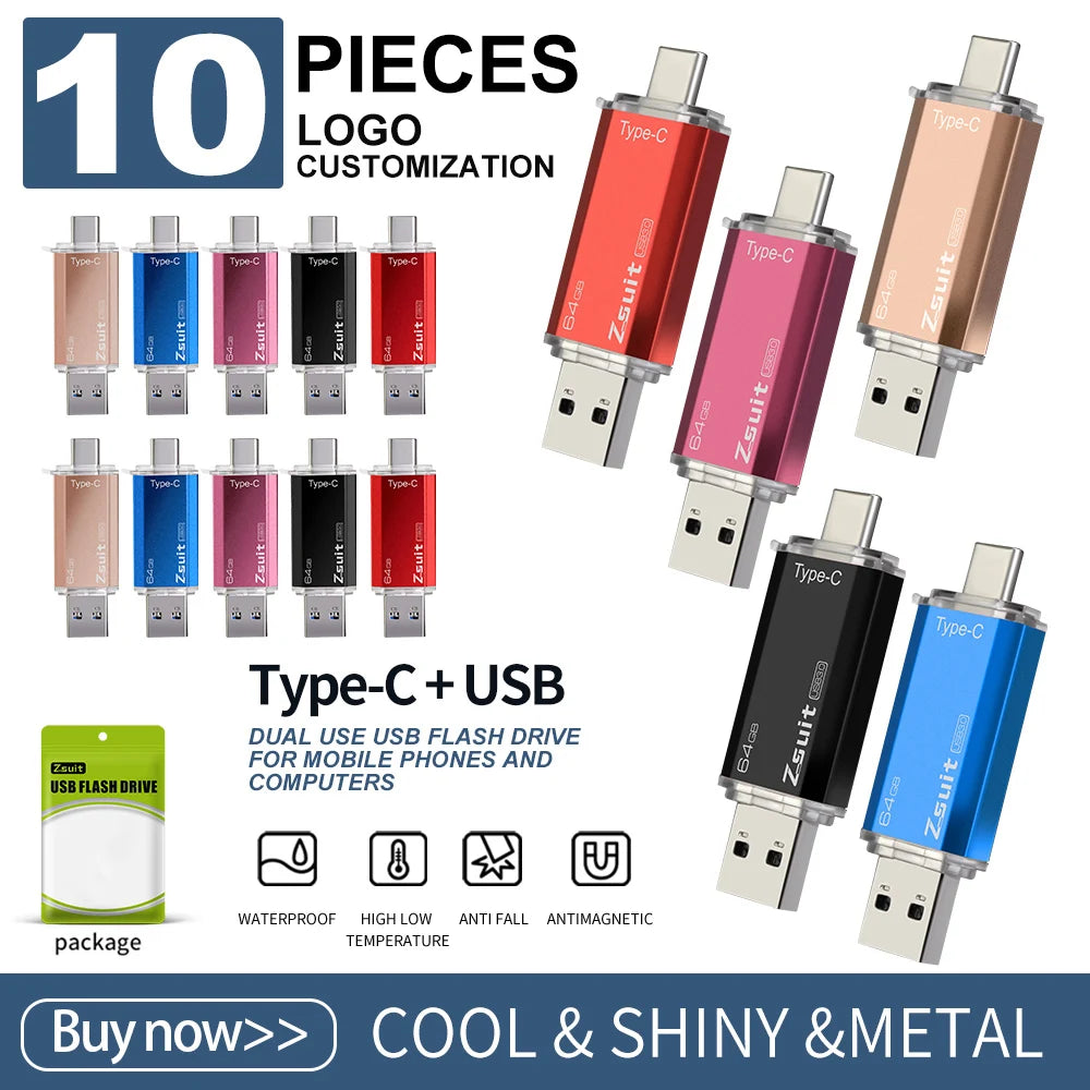 10Pcs/Lot Type-c Flash Drive 16GB 32GB Metal OTG 2 IN 1 Pen Drive 3.0/2.0 Memory Stick USB Free Logo cle Usb Waterproof U Disk