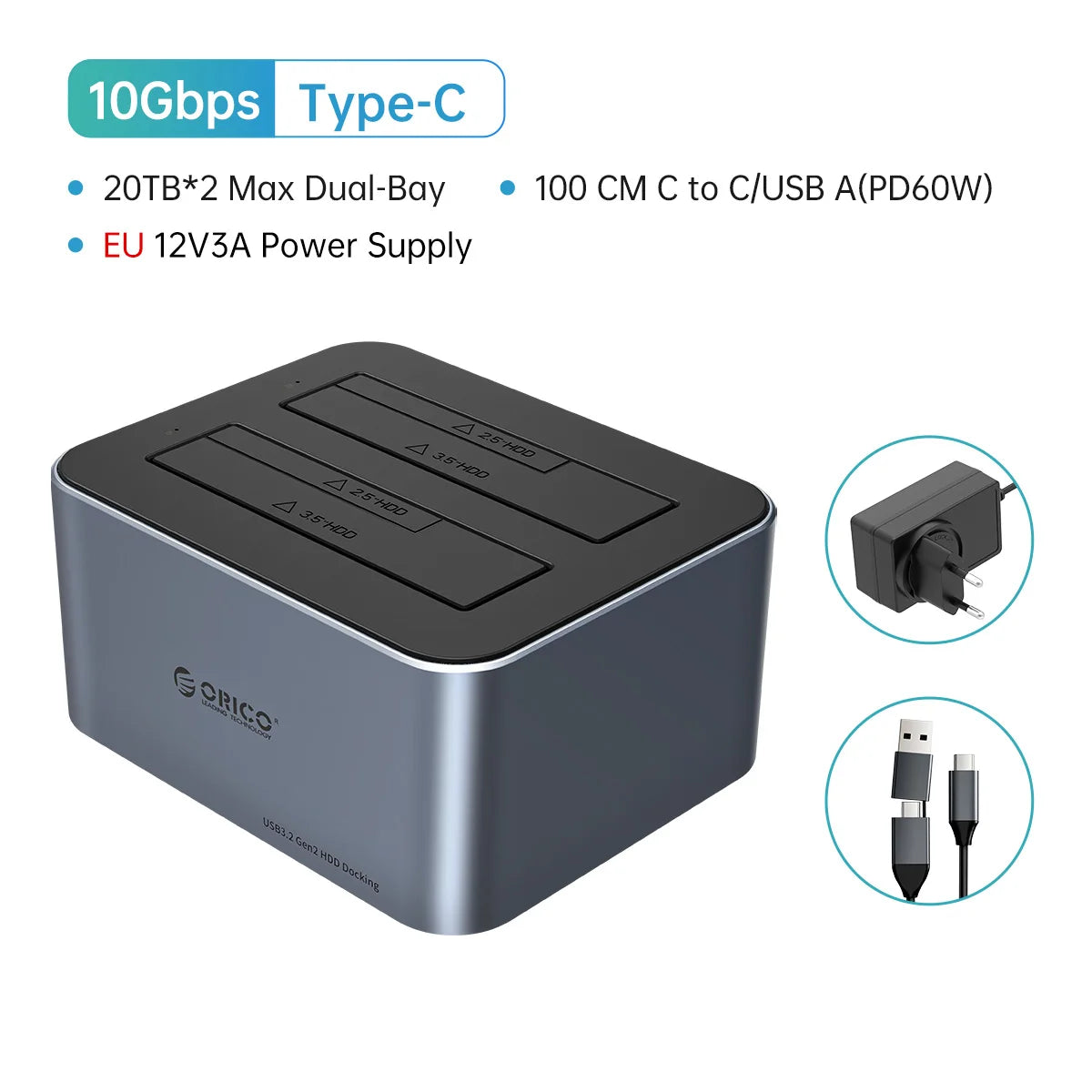 ORICO 3.5 Inch Dual-bay Type-C 5Gbps Hard Drive Docking Station for 2.5/3.5" HDD/SSD with 12V3A Power UASP Container Design