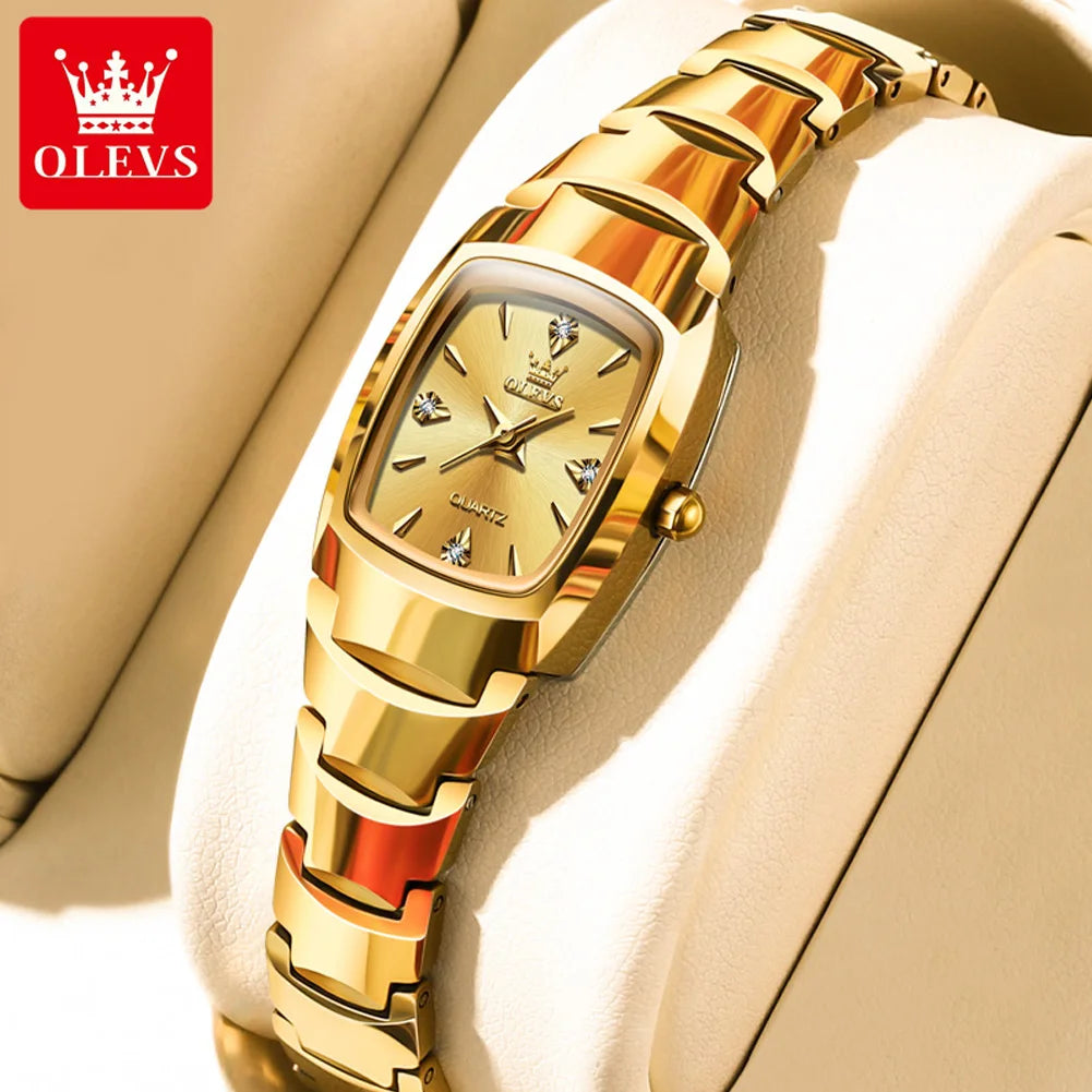 OLEVS 7006 Tonneau Tungsten Steel Couple Watch for Men Women Luxury Brand Quartz Lover's Watch His or Hers Waterproof Wristwatch