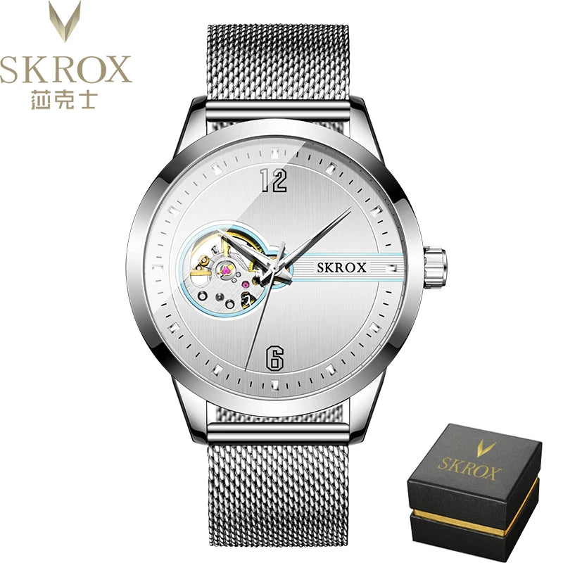 SKROX Elegant Luminous Waterproof Automatic Clockwork Tourbillon Skeleton Mechanical Men's Watch Mesh strap Luxury Wrist Watches