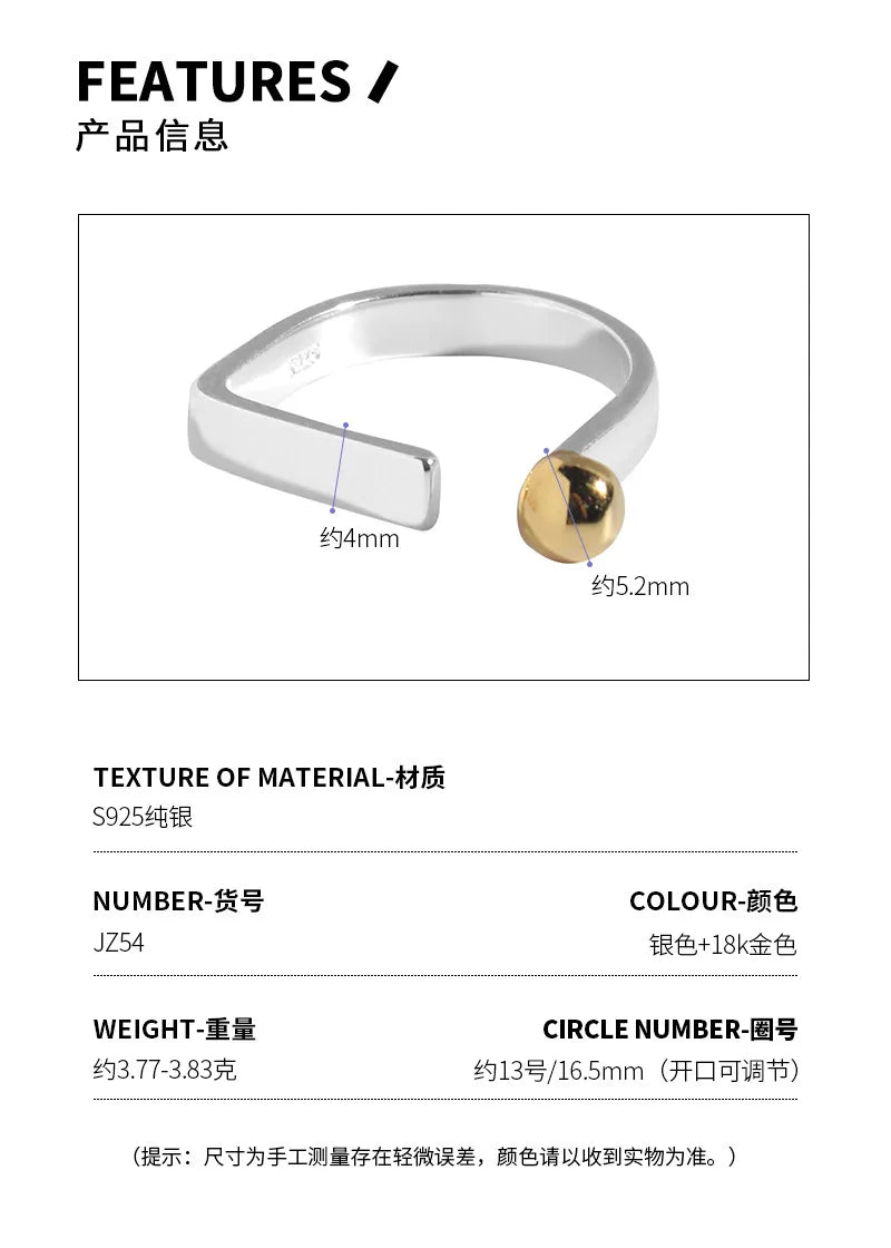 Real S925 Sterling Silver Rings Minimalist Contrast Color Open Ring Geometric Flat Glossry Index Finger Ring for Women