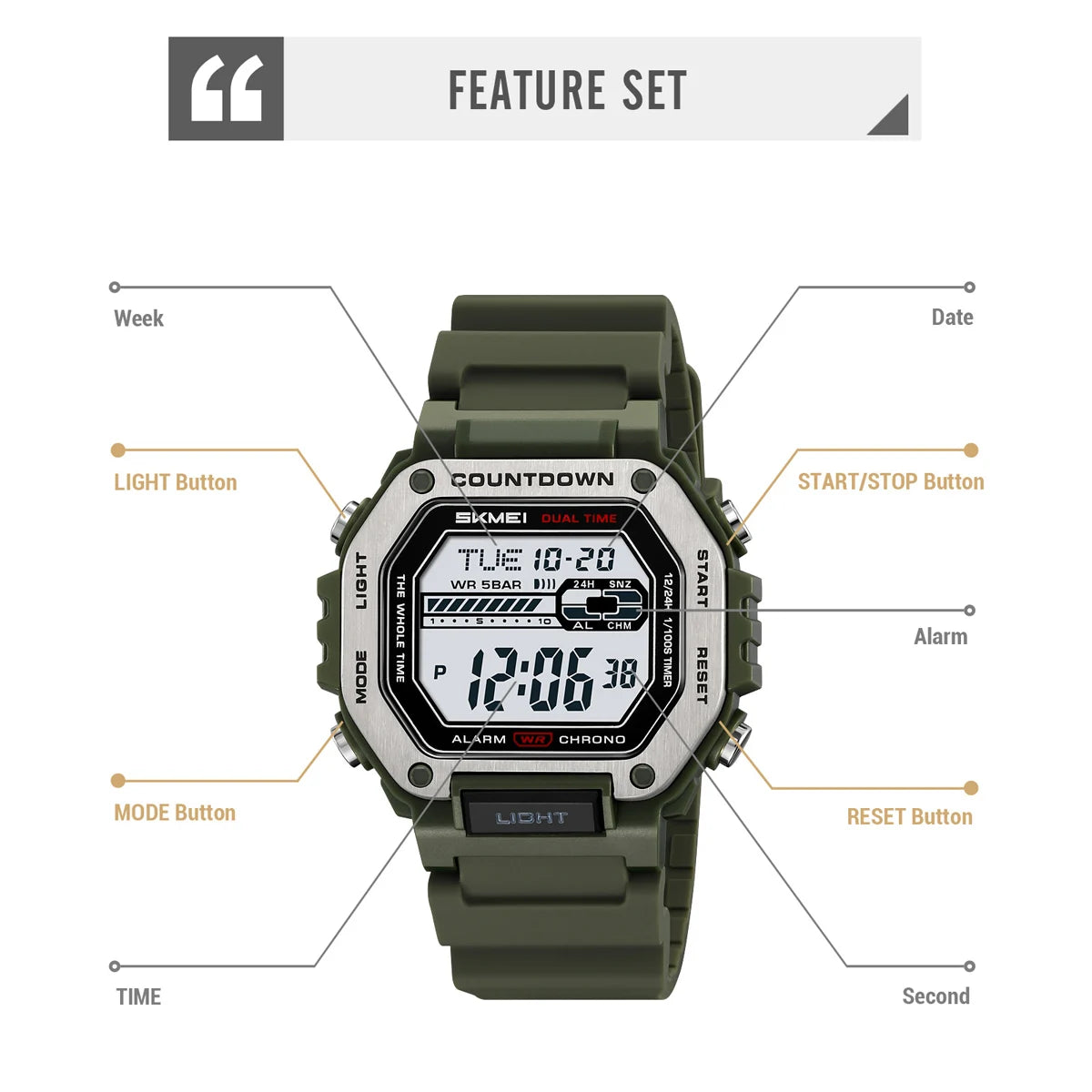 SKMEI Sport Alarm Clock Digital Watch For Men Women Waterproof Date Electronic Watches Chrono Military Wristwatches Reloj Hombre