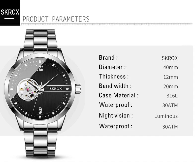 SKROX Elegant Luminous Waterproof Automatic Clockwork Tourbillon Skeleton Mechanical Men's Watch Mesh strap Luxury Wrist Watches