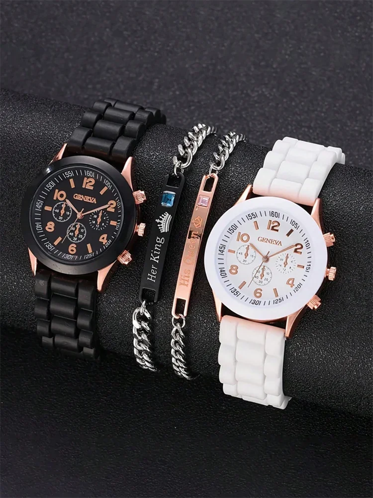 2Pcs Luxury Women's Watch Set Fashion Luxury Elegant Alloy Wristwatch Silicone Strap Couple Watch Men Quartz Holiday Gifts