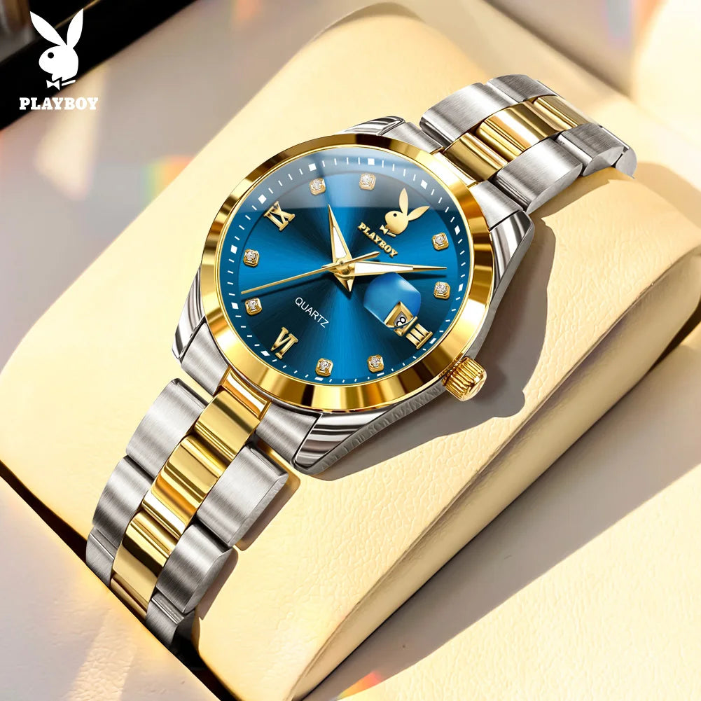 PLAYBOY New Original Luxury Women Watch Waterproof Calendar Luminous Stainless Steel Elegant Fashion Quartz Women's Wristwatch