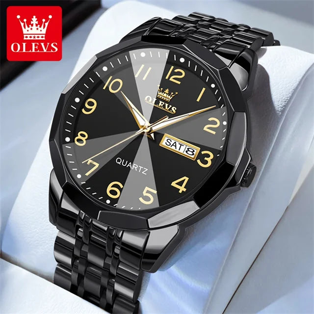 OLEVS 9970 Luxury Couple Watch Men Women Stainless Steel Waterproof Calendar Wristwatch Digital Dial Rhombus Mirror Lovers Watch