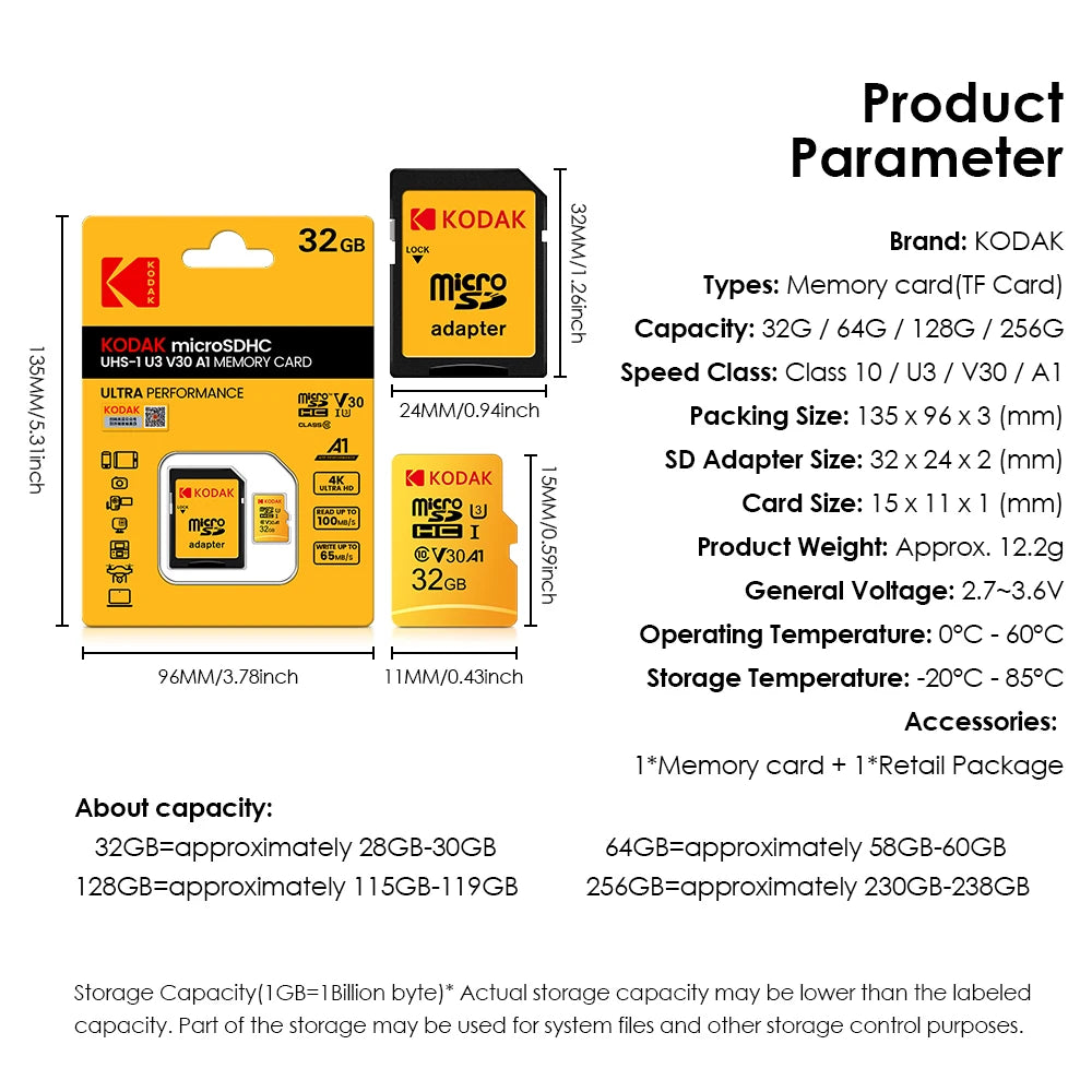 Original Kodak Micro SD Card 128GB Class10 Memory Cards 64GB Flash Card 256GB 32GB V30 U3 cartao de memoria For Driving Recorder