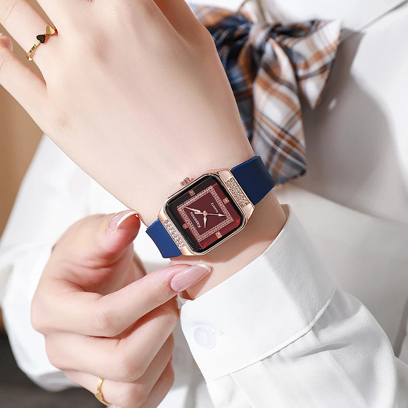 Women's fashionable square shell watch with diamond inlaid silicone quartz watch